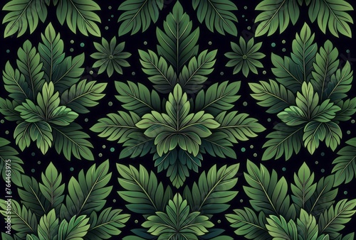 A leafy green and black damask pattern features dark emerald and cyan tones, flat backgrounds, cartoonish motifs, and flowing draperies.