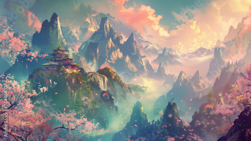 A screen presents colorful mountains, romanticizing nature with punctured canvases.