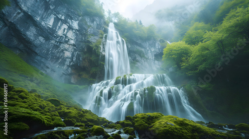 The majesty of a waterfall veiled in the soft embrace of morning mist, creating a dreamlike and serene atmosphere