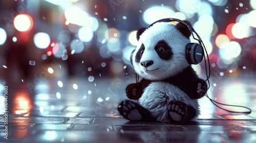 a cute panda wearing headphones listening to music while sitting on the floor. AI generated