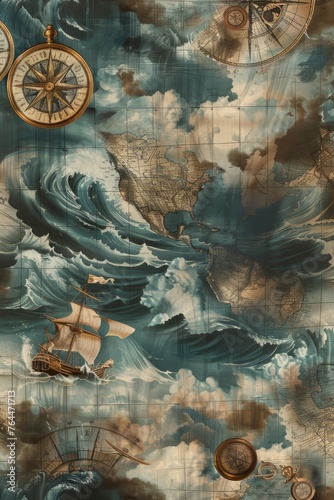 An adventurous wallpaper design featuring a fearless sailor man embarking on a daring expedition to uncharted waters, with his trusty ship, Generative AI