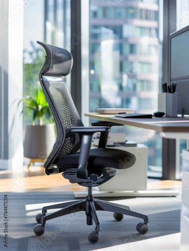 An ergonomic office chair and stylish desk accessories define a professional workspace, marrying modern design with comfort for productivity and wellbeing.