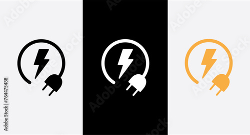 Vector illustration of lightning bolt icon with plug isolated on white background. Saving electricity icon.