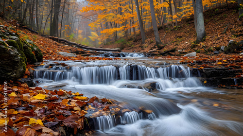 Streams and water cascades during the peak of autumn foliage. The combination of flowing water and vibrant leaves can be captivating