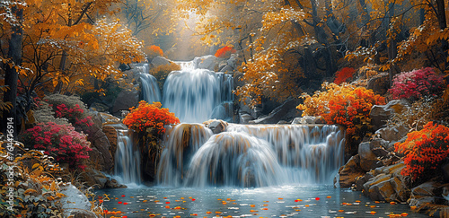 Waterfall in autumn. Created with Ai
