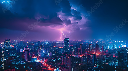 City skylines during nighttime lightning storms. The contrast between urban lights and natural lightning can be electrifying