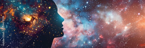 A striking profile of a person merges with a vivid depiction of space, evoking a dream-like connection between humanity and the cosmos.