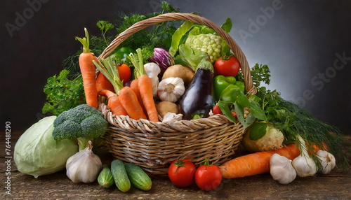 かごいっぱいの野菜。野菜の盛り合わせイメージ。美味しそうな新鮮野菜。A basket full of vegetables. Image of assorted vegetables. Delicious fresh vegetables.