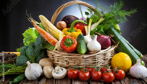 かごいっぱいの野菜。野菜の盛り合わせイメージ。美味しそうな新鮮野菜。A basket full of vegetables. Image of assorted vegetables. Delicious fresh vegetables.