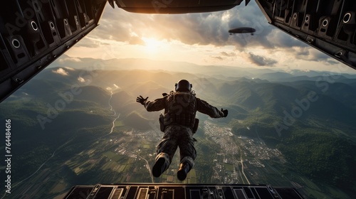 Airborne soldier jumping out of plane