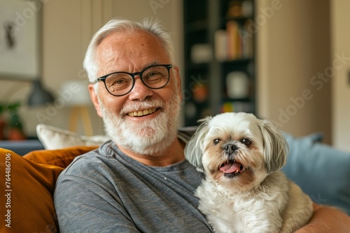 Senior man at home with their adorable scruffy little dog.pet friendly concept.