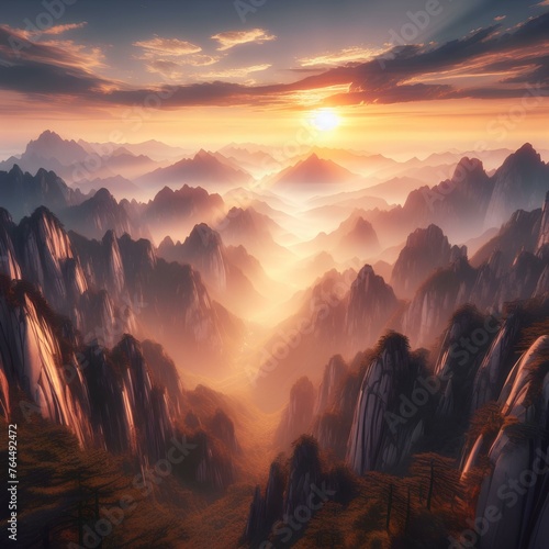  Panoramic view of Huashan National Park mountain landscape at sunset, China.