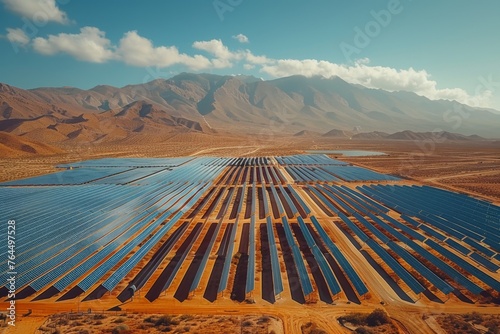 A sprawling solar panel farm stretches across a desert landscape under a clear blue sky, harnessing the power of the sun.