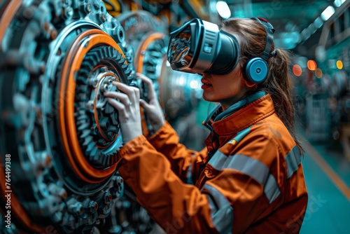 An engineer in VR gear fine-tunes intricate machinery, a blend of industry and innovation.