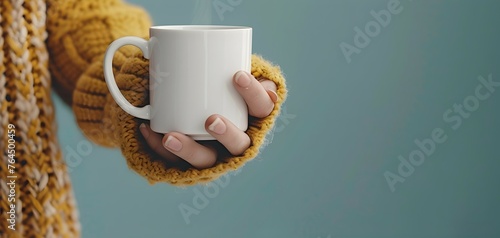 Cozy Hand Holding Warm Mug in Knitted Scarf,Comfort and Relaxation in a Quiet Winter Moment