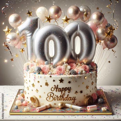 Vector Illustration of a Number 100th Birthday Balloon Celebration Cake, Adorned with Sparkling Confetti, Stars, Glitters, and Streamer Ribbons for a Festive Atmosphere 