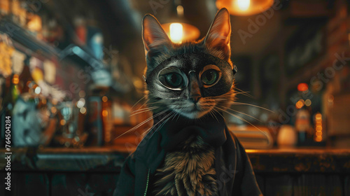 Underground dangerous Mafia cat. A closeup view of dangerous cat who wearing mask and glasses.