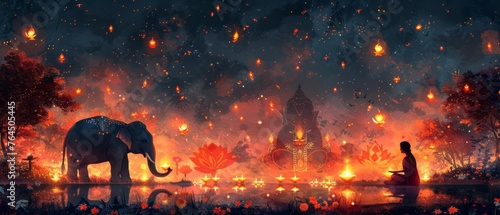 Happy Diwali. Indian festival of lights. Modern abstract flat illustration for background or poster with lights, elephant, Indian woman, and other objects.