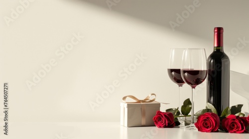 Wine glasses with bottles on the table, pink flowers. ,blushed grapes in a wine shop, Copy Space white background.