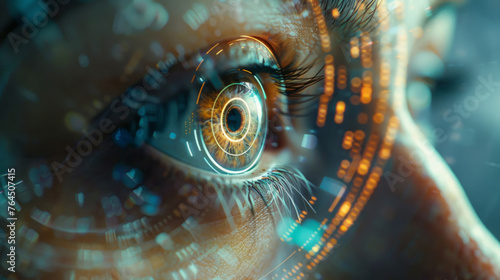 Close-up of a human eye with augmented reality interface elements and digital data graphics overlaying the iris, symbolizing advanced technology, biometrics, and futuristic concepts.