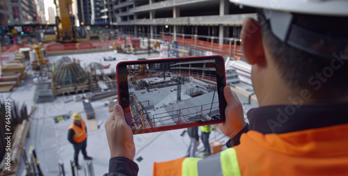 Vibrant video thumbnail for an app that captures the essence of construction site technology, showcasing digital twin models on tablet screens and busy workers
