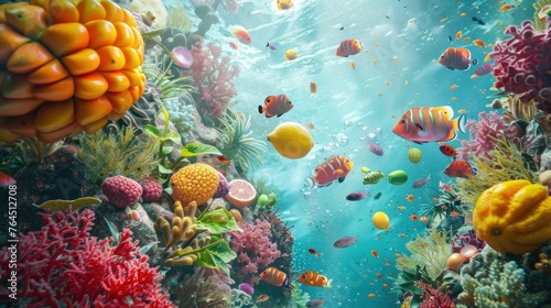 Imagine an undersea world where coral reefs and marine life are replaced with fruits, offering a vibrant and surreal oceanic landscape 