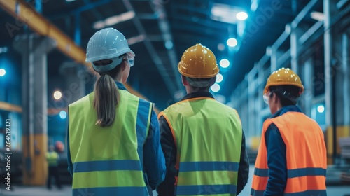 Industrial workers in safety vests and hard hats collaborating on a project, engineer, industrial, safety, construction, factory, building, development, architect, production