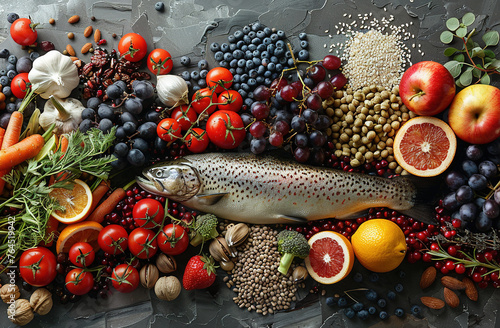 A photo of an array of fresh, colorful fruits and vegetables with fish arranged on the right side of the picture. The background is dark gray, creating contrast between lightness and darkness. 