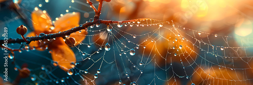 Close up spiderweb with dew drops, Spider web glistens with snow in forest