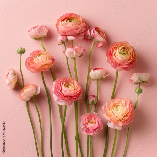 This image highlights a colorful assortment of ranunculus flowers, showcasing their full blooms and long stems on a pink surface