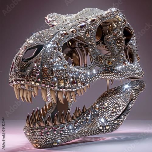 A stunning graphic image featuring a dinosaur skull bedazzled with crystals against a pink gradient background, blending history with extravagance