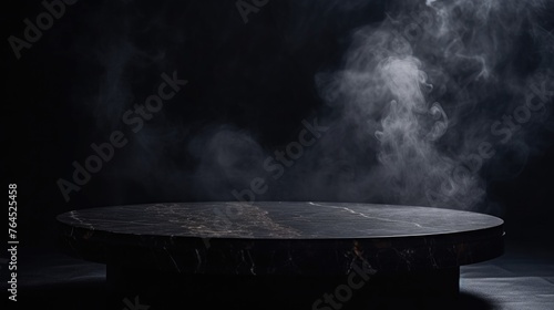 Empty black marble table podium with black stone floor in dark room with smoke