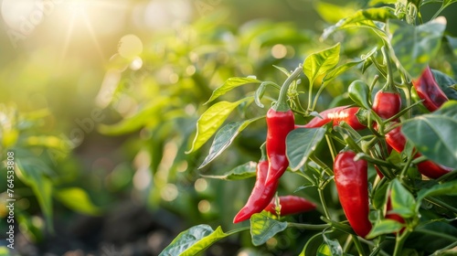 A vibrant image of chili peppers growing in abundance on a healthy plant in a lush green garden