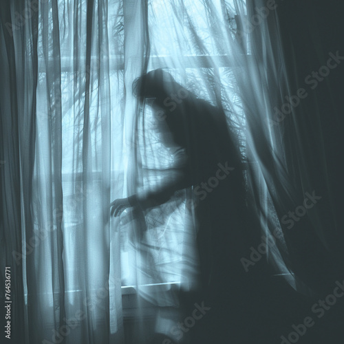 A menacing blurred figure casting a horror-filled silhouette in a bedroom window