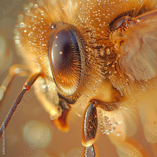 Macro image focusing on the gossamer wings of a bee with specks of royal jelly adorning the wings