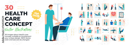 Character Illustration. Mega Set. Collection scenes of health care, doctor, nurse, staff, medicine activity. Vector Illustration