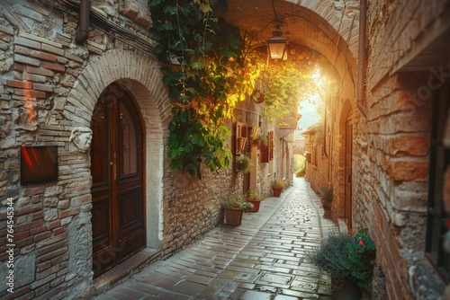 Beautiful medieval street in Assisi, Umbria, Italy. Beautiful large European streets are reminiscent of the beginning of summer vacation and summer adventure