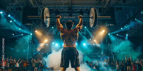 A power lifter lifting a barbell over his head in a competition