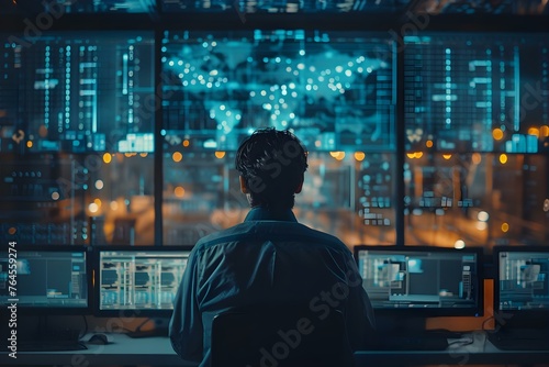 Technicians in a network operations center monitor traffic troubleshoot issues and ensure network performance. Concept Network Operations Center, Traffic Monitoring, Issue Troubleshooting