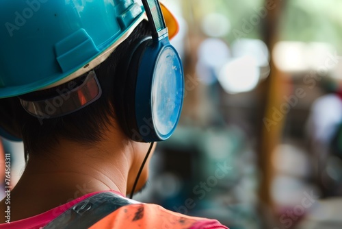 closeup of worker with earmuffs at a construction site