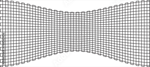 Squeeze, flattened oblate geometric element. Condensed grid, mesh. Abstract graphical element with hollow, flex, squished lines array. Concave shape.Cellular, reticulated element.Vector Isolated.