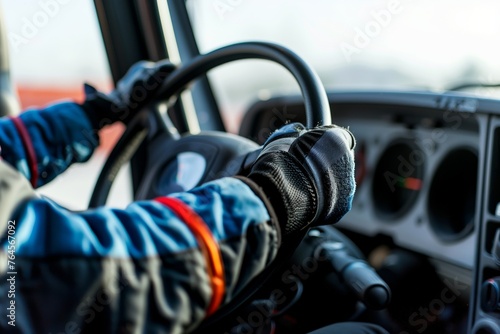closeup of a driver gripping a racing truck steering wheel with gloves