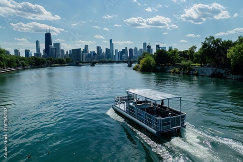 panoramic view of a pontoon boat cruising river with city skyline