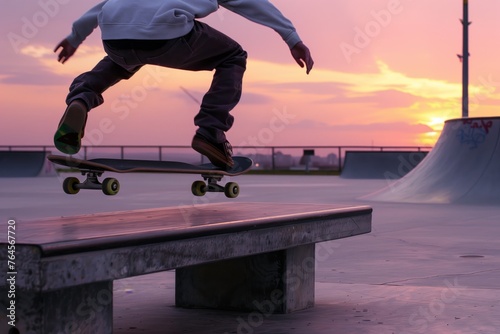 skateboarder doing an ollie over a concrete bench at sunset