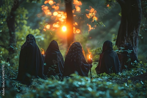 Witches in Black Cloaks Performing a Ritual in a Dark Forest: Halloween Witchcraft Scene. Concept Halloween, Witchcraft, Dark Forest, Ritual, Black Cloaks