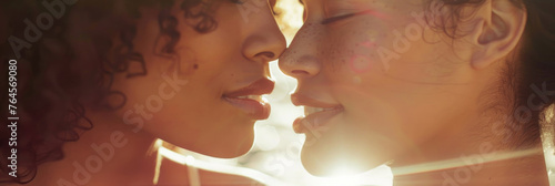 Two women share a close, intimate moment, with their faces nearly touching in the warm, soft glow of the setting sun
