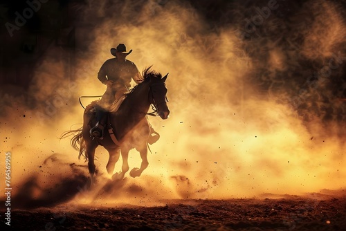 Cowboy on bucking bronco in rodeo arena kicking up dust. Concept Rodeo Events, Bucking Bronco, Cowboy Lifestyle, Western Culture, Action Shots