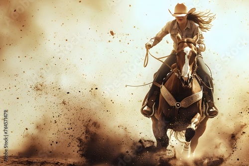 A digital design file featuring a female barrel racer in a rodeo setting with a horse. Concept Digital Design, Female Barrel Racer, Rodeo Setting, Horse, Action Pose