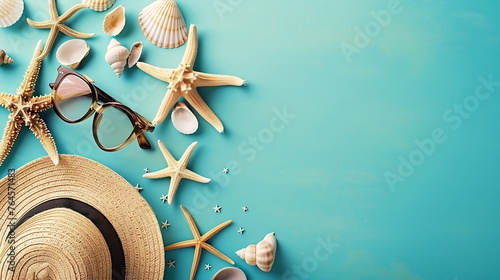 Generative AI : glasses and hat with shells and sea stars on a colored background. Summer background