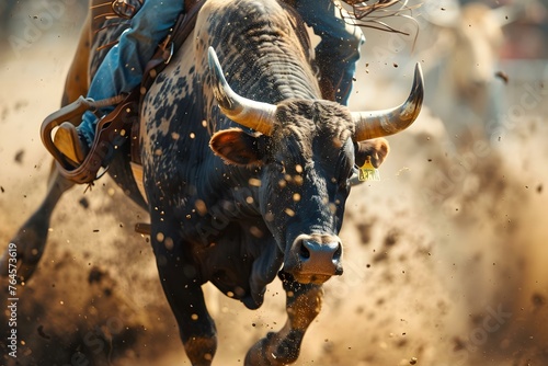 Bull rider holding tight as bull bucks in rodeo arena showcasing raw power and excitement. Concept Rodeo Events, Bull Riding, Western Lifestyle